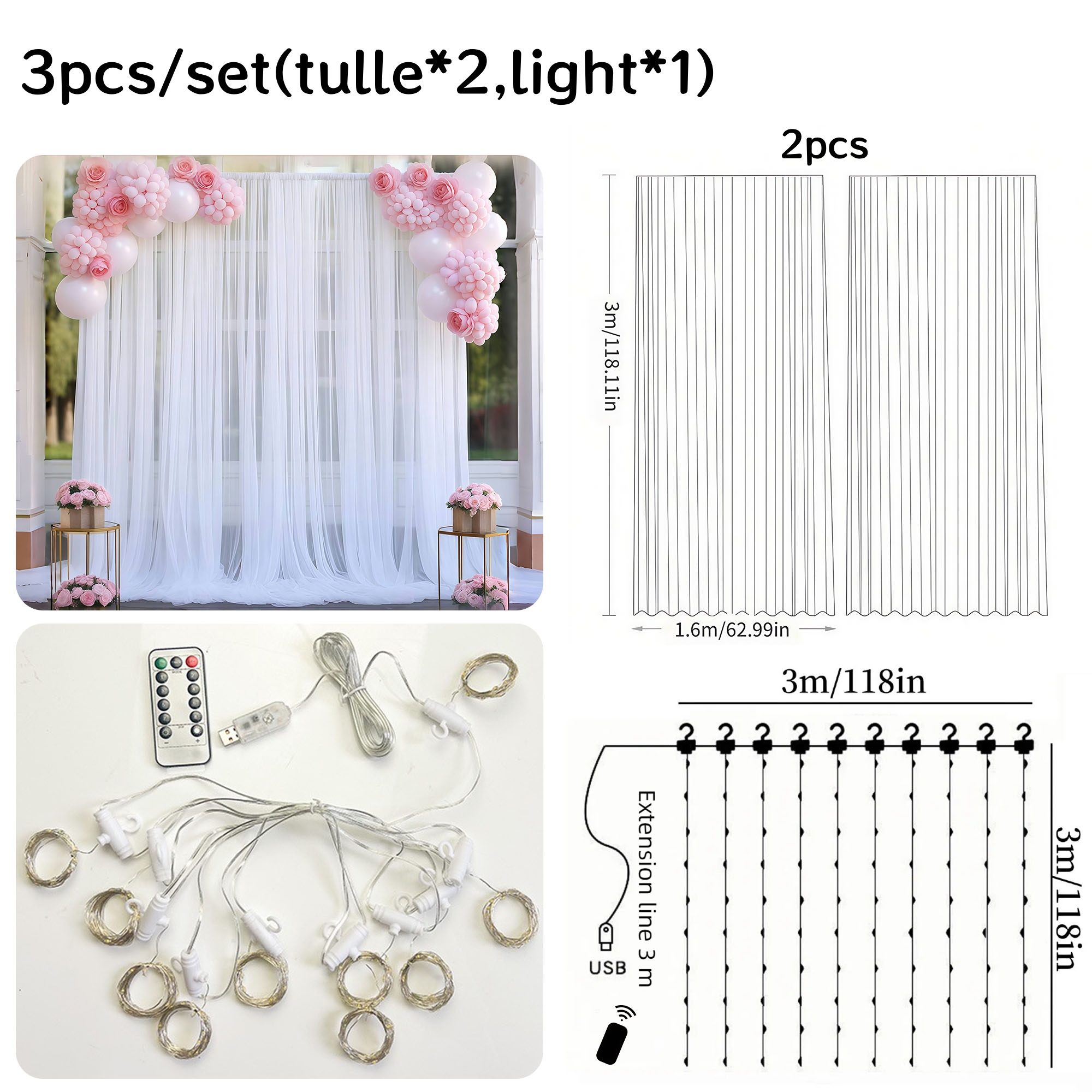 3pcs/set Tulle Backdrop Curtai - đánh giá và giá Photography Lighting Options